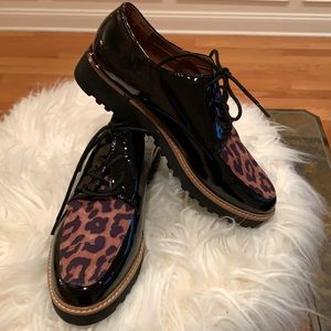 Franco Sarto Black Patent and Leopard Tie Up Shoes